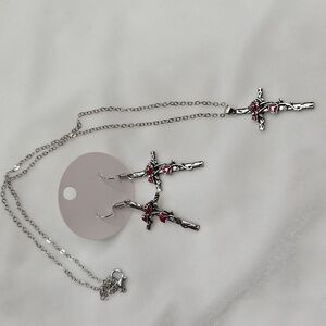 Beautiful Cross Red Roses Silver Tone Jewelry Necklace Earrings Set Lot NWOT